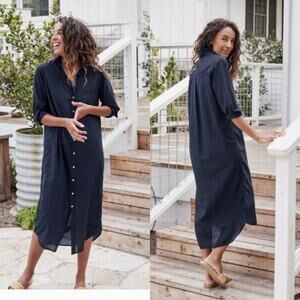 Frank & Eileen Rory Maxi Shirtdress Navy Cotton Voile Size XL Button Front